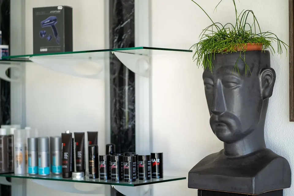 Pflegeprodukte im Regal neben einer Büste mit Graskopf